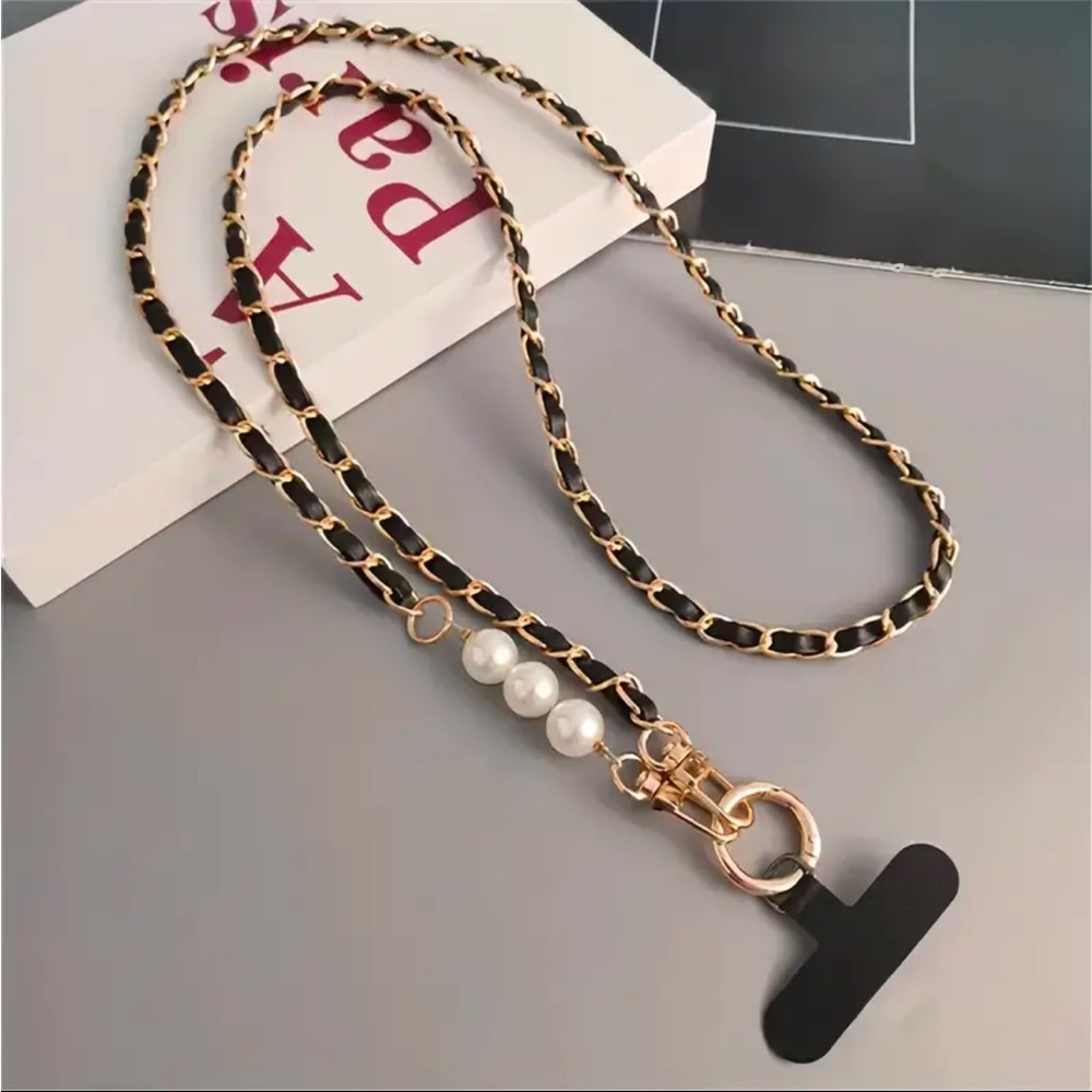 Black Faux Pearl & Leather Chain Crossbody Phone Lanyard